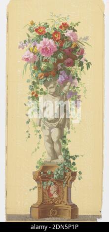 Panneau décoratif, Jules Desfossé, français, active 1851 - 1863, papier imprimé en bloc, Statue d'un bébé ou d'un putti debout sur un piédestal recouvert de vigne, soutenant un panier de fleurs grimpantes., Paris, France, 1856–57, revêtements muraux, panneau décoratif Banque D'Images