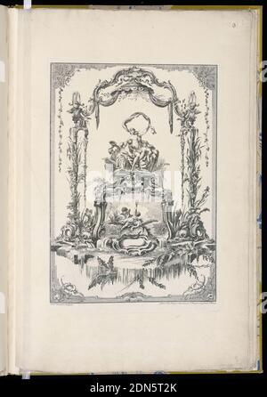 Panneau d'ornement avec une double cartouche montrant Vénus ou Thetis avec ses nymphes et une fontaine, Pierre Edme Babel, français, ca. 1720-1775, Pierre Edme Babel, français, env. 1720-1775, Jacques Chéreau, français, 1688–1776, Etching sur papier blanc cassé, panneau décoratif avec une double cartouche avec Vénus ou Thetis, ses nymphes et une fontaine, France, 1700–1775, ornement, impression Banque D'Images