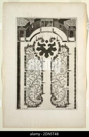 Assiette, à Nouveaux Livre de parterres contentant 24 pensséz diferantes (Nouveau livre contenant 24 variantes différentes pour les lits de jardin), Daniel Marot, français, actif aux pays-Bas et en Angleterre, 1661–1752, Etching et gravure sur papier blanc, conception d'architecture de paysage pour le jardin., pays-Bas, ca. 1700, architecture, impression Banque D'Images