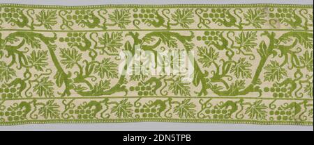Band, Medium: silk and cotton? Technique: plain compound cloth, Border strip with one broad and two narrow bands ornamented with scrolling stem with stylized fruit and leaves, in green on white ground. Woven in imitation of embroidery., Italy, 17th century, woven textiles, Band Stock Photo