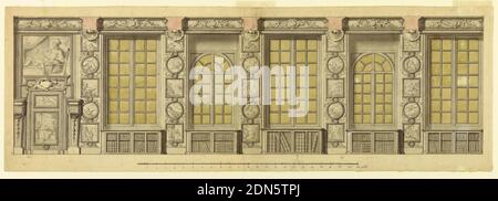 Design pour un mur de bibliothèque, stylo et encre chinoise, pinceau et aquarelle, craie noire sur papier, six baies de taille égale et la première remplie d'une porte et d'une porte, tous deux montrant des représentations d'un prélate. Les cinq autres avec alternant de grandes fenêtres à tête carrée et de plus petites fenêtres à perles semi-circulaires. Les étuis avec livres se tiennent sous les fenêtres. Les panneaux muraux montrent des rangées verticales de panneaux carrés et circulaires alternés formés par des bandes entrelacées. Les panneaux carrés représentent des scènes de bataille; les circulaires, animaux., France, 1750-1780, dessin Banque D'Images