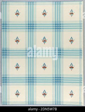 Flanc, imprimé en bloc sur des feuilles de papier artisanal jointes, sur un sol blanc glacé, un tissu écossais bleu avec de petits motifs floraux rouges et bleus., France, 1810–30, revêtements muraux, flanc Banque D'Images