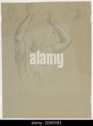 Femme aux mains levées, Daniel Huntington, cuisine américaine, 1816–1906, Graphite, craie blanche sur papier vélin gris, croquis de demi-longueur d'une femme. Buste et bras de femme illustrés; bras relevés au-dessus de la tête. Main droite répétée, coin supérieur gauche. Gauche répété, coin supérieur droit., Etats-Unis, Etats-Unis, 1844–45, figures, dessin Banque D'Images