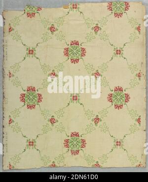 Papier de plafond, imprimé à la machine, petites roses rouges, reliées par un feuillage vert, alternant avec des touffes de quatre roses. Imprimé sur un sol blanc cassé à pois avec de minuscules carrés gris., Nouveau-Brunswick, New Jersey, États-Unis, 1895–1903, revêtements muraux, papier de plafond Banque D'Images