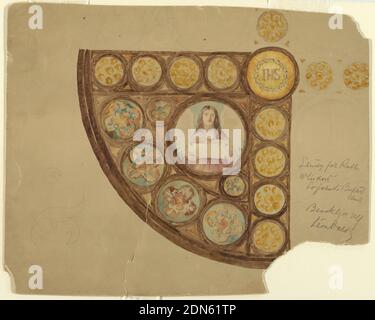 Design for Rose Window, St. John the Baptist, Brooklyn, NY, Leon Dabo, American, 1868–1960, pinceau et aquarelle, graphite sur carton beige, le design montre un quart de cercle avec une demi-longueur en forme de cocarde dans la tablette de maintien centrale. Border les cocardes de la conception de quatrefoil et les cercles. Sur l'axe du cercle, IHS dans Sunburst., USA, 1905, architecture, intérieurs, dessin Banque D'Images