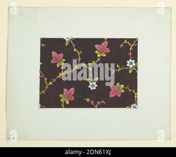Motif floral pour les textiles imprimés, Louis-Albert DuBois, Suisse, 1752–1818, pinceau et gouache, graphite sur papier vélin bleu, vignes jaune, rose et orange avec fleurs à trois lobes roses, marguerites blanches avec centres bleus créent un motif dispersé sur sol brun foncé., France, 1800–1818, dessins textiles, dessin Banque D'Images