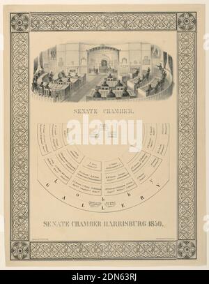 Chambre du Sénat, Harrisbug, Pennsylvannia, August Kollner, 1813–1850, S. T. Williams, lithographie à l'encre noire sur papier, rectangle vertical. Vignette de l'intérieur de la Chambre du Sénat, en regardant vers le podium du Président. Ci-dessous: Plan de la Chambre, avec les noms des membres indiqués. Légende : « Chambre de Sénat Harrisburg 1850. » Enfermé dans un cadre décoratif. En bas à gauche: 'Pubished par S.T. Williams.' En bas à droite: Litho. De A. Kollner Phile H. Camp.', USA, 1850, intérieurs, Imprimer Banque D'Images