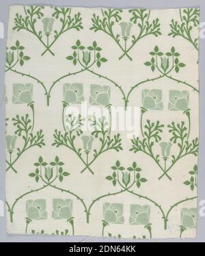 Textile, Arthur Wilcock, Medium: cotton Technique: roller printed, duplex, Stylized flat pattern in two shades of green on a plain white ground; confronted poppies enclose thistle and are topped by arch of thorny rose-branches ending in leaves and rosebud., England, ca. 1890, printed, dyed & painted textiles, Textile Banque D'Images