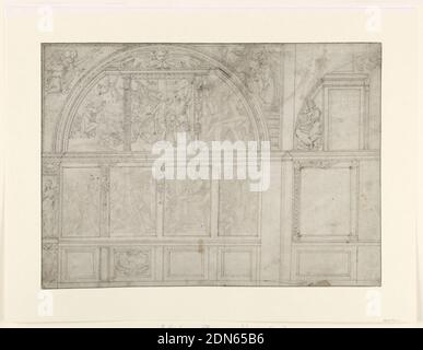 Design pour un mur de chapelle, Giovanni Battista della Rovere, italien, ca. 1561 environ 1630, stylo et encre brune, pinceau et lavage gris sur papier beige préparé, conception pour une chapelle murale surmontée d'une arche, remplie de projets sculpturaux en haut et sur les côtés et les panneaux peints entre. Dans l'arche, un triptyque de panneaux représentant des scènes figurales de la Bible, probablement toutes liées à la Crucifixion et à la mort du Christ. À gauche, un ange apporte un objet à un homme qui attend avec des bras étirés. Au centre, les bras d'un homme sont reliés autour d'un poteau pendant qu'il est battu. À droite, Christ tombe Banque D'Images