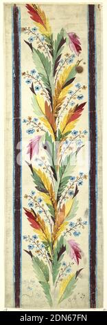 Motif pour une bordure brodée ou tissée, Graphite, pinceau et gouache sur papier, guirlande montante de feuilles avec de petits creux de fleur dans les intervalles. Bandes de cadrage latérales., France, 1780–1800, dessin Banque D'Images