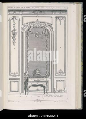 Wall with Mirror and Secretary Desk, Desseins de Lambris (Wainscoting Designs), François de Cuvilliés The Elder, Belge, active Allemagne, 1695 - 1768, Carl Albert von Lespilliez, allemand, 1723 - 1796, François de Cuvilliés The Elder, belge, active Allemagne, 1695 - 1768, Nicolas Jean-Baptiste de Poilly, français, 1712 - 1758, Gravure sur papier, conception pour mur intérieur de style rococo. Au centre, un grand miroir voûté encadré et décoré d'ornement sous forme de festons floraux, un masque suspendu de la guirlande au centre supérieur. Sous le miroir, une secrétaire (bureau) est représentée Banque D'Images