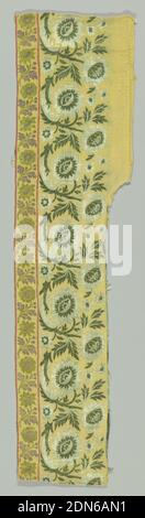 Shawl fragment, Medium: silk, cotton Technique: plain compound twill, Tan ground of fine cotton twill with design of continuous scrolling sprays of sunflower-like flowers and toothed leaves in green and white silk cloth binding. Guard strips at bottom with small scrolling flower sprays in mauve and yellow-green. Bud and pencil stripe guard borders. Selvage is plain in border, twilled in field, Europe, 1800–1850, woven textiles, Shawl fragment Stock Photo