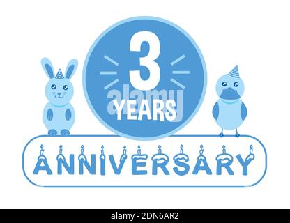 3ème anniversaire. Bannière de célébration de trois ans avec thème d'animaux bleus pour les enfants. Illustration de Vecteur