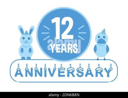 12ème anniversaire. Bannière anniversaire de douze ans avec thème bleu pour les enfants. Illustration de Vecteur