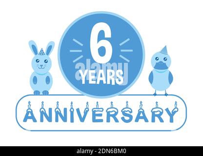 6th birthday. Six years anniversary celebration banner with blue animals theme for kids. Illustration de Vecteur
