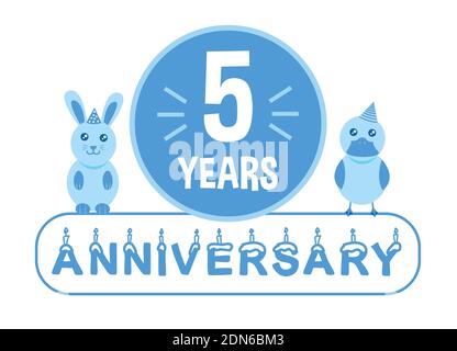 5ème anniversaire. Bannière de célébration de cinq ans avec thème d'animaux bleus pour les enfants. Illustration de Vecteur