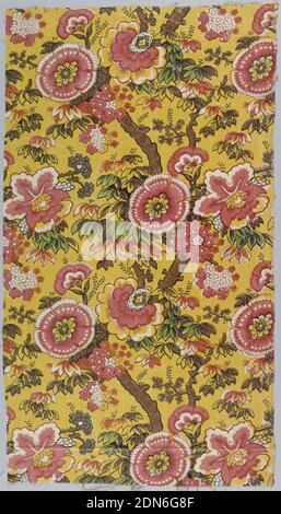 Textile, Medium: cotton Technique: relief printed on plain weave, blue applied by brush, Exotic pink flowers on thick tree-like branches on a yellow background., England, ca. 1812, printed, dyed & painted textiles, Textile Stock Photo