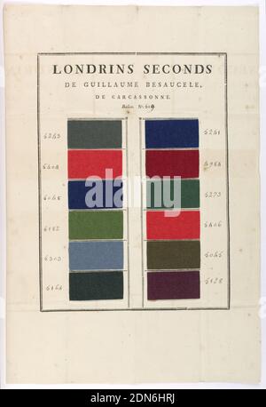 Feuille d'échantillon, moyenne: Laine, papier technique: Fulled, feuille de papier collée avec une double rangée de 12 échantillons de tissu de wollen avec des surfaces feuillées en rouge, vert, marron, gris, et bleu. TITRE ESTAMPILLÉ: 'LONDRINS SECONDES DE GUILLAUME BESAUCELE DE CARCASSONNE. BULLETIN DE VOTE. No 519.', France, 1700–1775, échantillons, feuille d'échantillon Banque D'Images