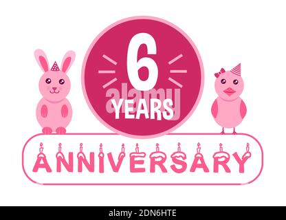6e anniversaire. Bannière anniversaire de six ans avec thème animaux roses pour les enfants. Illustration de Vecteur