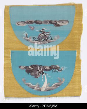 Accessoires de costume (uncut), Medium: Silk technique: Tissu de tapisserie Uni et fendu, pièces non coupées pour les accessoires de costume ont un sol jaune et bleu avec des dragons, des nuages, des roches et des vagues dans de nombreuses nuances de gris., Chine, fin du XIXe au début du XXe siècle, textiles tissés, accessoires de costume (uncut Banque D'Images