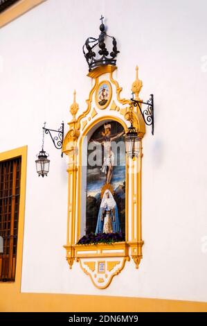 Azulejo à la chapelle de l'expiration et façade plaza du Musée des Beaux-Arts de Séville, Espagne. Banque D'Images