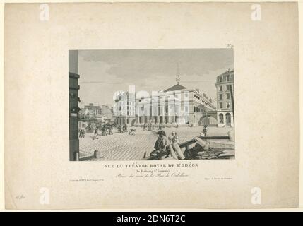 Théâtre Odeon, Paris, gravure avec gravure sur papier, rectangle horizontal. Au premier plan à droite, une partie d'une rampe autour d'un tracé de bâtiment est affichée. Le panneau de rue est à gauche au coin d'une maison. Au-dessus, dans le coin supérieur droit est le n° 19. Légende : 'VUE DU THÉÂTRE ROYAL DE l'ODÉON / (au Faubourg Saint-Germain) / levier du coin de la rue de Creebillion / A Paris chez GENTY, rue Saint-Jacques, n° 23. Dépôts au Bureau des Etampes.', Europe et Etats-Unis, Paris, France, 1820, théâtre, Imprimer Banque D'Images