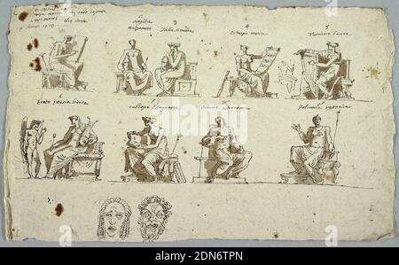 Dessins pour les peintures de Montmorency: Les neuf Muses et deux masques, Tragedy et Comedy, Felice Giani, Italien, 1758–1823, stylo, encre noire, et gris/brun laver sur papier gris rugueux, rectangle horizontal. Écrit en haut à gauche: 'S E Aldini Parisi/ terza camera ossia, solde diptinta/ a Monmorosi/ 4 Gennaio 1813.' Femmes, assis. Ligne supérieure gauche : historique affiché dans le profil tourné vers la droite et écriture sur une tablette. Une trompette penche contre le tabouret. Écrit sur le dessus: 'l/ clio storia.' Centre gauche : tragédie tenant un masque et une épée. Écrit sur le dessus: '2/ tragedia/ melpomene' et '3/ Talia comedia Banque D'Images