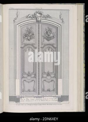 Page de titre, profil de deux Venteaux de la porte Cochree (profil de deux Venteaux d'une porte de calèche), Livre de portes Cochrees (Livre de portes de calèche), François de Cuvilliés l'aîné, belge, active Allemagne, 1695 - 1768, Nicolas Jean-Baptiste de Poilly, français, 1712 - après 1758, François de Cuvilliés l'ancien, belge, belge Active Germany, 1695 - 1768, gravure sur papier, page de titre et design pour portes doubles dans le style Rococo. Dans la partie supérieure de chaque panneau de porte, décoration composée de cornes de chasse, de flèches, de lapins morts, d'oiseaux et de renards (?); sangliers à dents cisaillées Banque D'Images