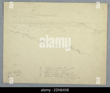 Vue du Mont Salus, Jamaïque, église Frédéric Edwin, américaine, 1826–1900, Graphite sur papier couleur crème, vue horizontale du paysage avec une pente boisée en premier plan, collines qui s'élèvent au milieu de la distance aux montagnes couvertes par un ciel nuageux., juin 1865, paysages, dessin Banque D'Images