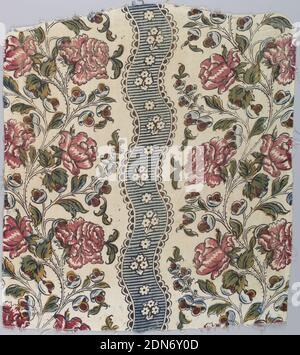 Textile, Moyen : chaîne de lin, trame de coton technique : bloc imprimé sur tissu simple 'siamoise', bandes verticales ondulantes de bleu avec petites fleurs blanches, alternant avec des colonnes plus larges de grandes roses roses roses sur un sol blanc., l'image est de 1986-84-2d, 1760–62, textile imprimé, teint et peint Banque D'Images