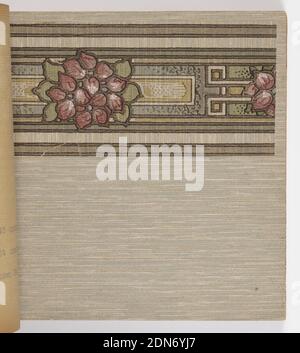 Fonds d'écran du mérite, livre no 3, papier peint I. Lappin, papier imprimé à la machine, se compose de 95 flancs et 73 bordures. Titre en relief doré sur la couverture en papier noir. Les papiers se composent d'imitations de textures et de bois, de bordures florales, de rayures, de grands motifs sur-tout, Boston, Massachusetts, USA, 1917, Wallcovers, Sample book, Sample book Banque D'Images