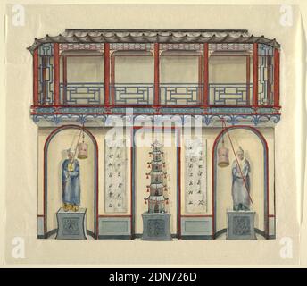 Design pour le mur ouest du hall d'entrée, Pavillon royal à Brighton, Frederick Crace, anglais, 1779–1859, stylo et encre noire, pinceau et aquarelle, graphite sur papier vélin blanc, élévation d'un mur, avec une niche centrale contenant une pagode en porcelaine montée sur un socle. Il est flanqué de deux niches contenant des figures chinoises en costume. Tablettes avec caractères chinois sur les jetées entre les niches. Un balcon avec trelliswork design ci-dessus., 1802, intérieurs, dessin Banque D'Images