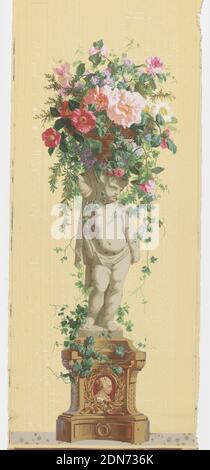 Panneau décoratif, Jules Desfossé, français, active 1851 - 1863, papier imprimé en bloc, Statue d'un nourrisson, debout sur un piédestal recouvert de vigne, soutenant un panier de fleurs grimpantes., Paris, France, 1856–57, revêtements muraux, panneau décoratif Banque D'Images