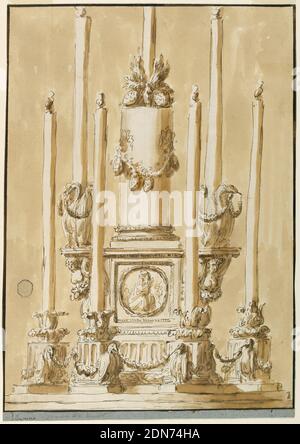 Chandelier, stylo et encre brune, brosse et lavage brun, graphite sur papier blanc cassé, doublé, UNE plinthe étagée supportant cinq colonnes cannelées; à l'avant, quatre petites colonnes avec des beches floraux supportant de longs cônes. Reliant ces terres sont des guirlandes tenues dans la bouche des oiseaux. Derrière, la cinquième et la plus grande colonne, décorée d'un médaillon flanqué d'oiseaux., Italie, ca. 1780, métallurgie, dessin Banque D'Images