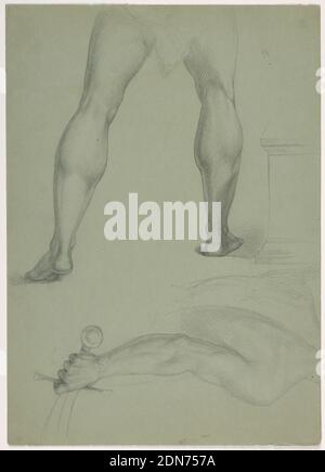 Deux études anatomiques partielles, Daniel Huntington, américain, 1816–1906, Graphite sur papier vélin vert, en haut, pattes d'un homme marchant, de l'arrière. Drapery esquissé autour de ses hanches. Ci-dessous, orienté différemment, dos et bras droit d'un homme tenant un scimitar., USA, ca. 1850, figures, dessin Banque D'Images