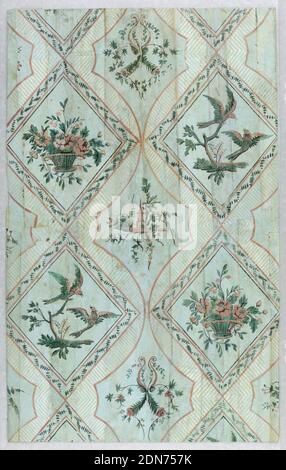 Flanc, imprimé en bloc, papier fait à la main, rectangle vertical. Conception à répétition de lozenges, en limes alternées, remplie de panier de fleurs, de macaws; de steeple et de floral arabesque., France, 1795–1805, Wallcovers, flanc Banque D'Images