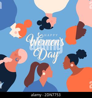 Greeting card or postcard templates with feminism activists and Happy Womens Day wish. Modern festive vector illustration for 8 March celebration Stock Vector