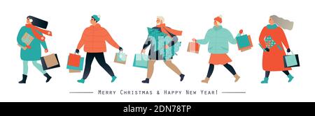 Banner with people hurrying for a great Christmas sale. Men and women are buying gifts. Vector illustration in cartoon style Stock Vector