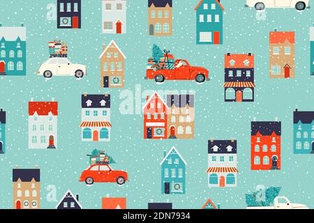 Maisons d'hiver pour Noël et voiture rétro rouge avec un sapin et des cadeaux. Décoration et tissus de Noël. Motif sans couture Illustration de Vecteur