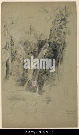 A Waterfall, Daniel Huntington, cuisine américaine, 1816–1906, crayon noir et blanc sur papier gris-brun, eau tombant de hautes roches à droite. Piscine en contrebas, avec rochers en premier plan et arbres au-delà., États-Unis, 1855–65, paysages, dessin Banque D'Images