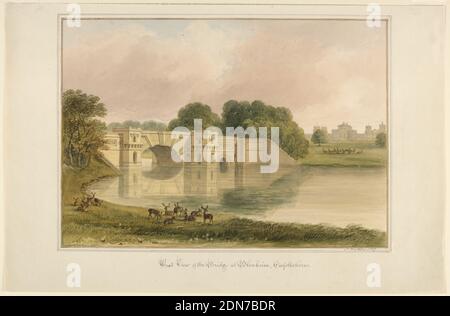 Vue ouest du pont à Blenheim, Oxfordshire, John Buckler, F.S.A., British, 1770 – 1851, Graphite, stylo et encre brune, pinceau et aquarelle, vue du lac et pont à gauche avec le château à la distance à droite. Un troupeau de cerfs est présenté au premier plan., Angleterre, 1827, architecture, dessin Banque D'Images