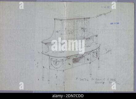 Conception pour panneau latéral avec armoire de porte vitrée ci-dessus, A.N. Davenport Co., Graphite sur papier crème fin, panneau latéral oblong avec 6 pieds coniques droits [5 illustrés]; coins avant arrondis décorés de motifs néo-classiques; façade plate avec niche centrale flanquée de 2 tiroirs et 2 portes; dessus moulé; Ci-dessus, une armoire rectangulaire avec 2 portes vitrées soutenues par un dosseret surélevé, 6 colonnes à l'avant et 2'l' volutes en forme de 2'., 25 octobre 1900, mobilier, dessin Banque D'Images