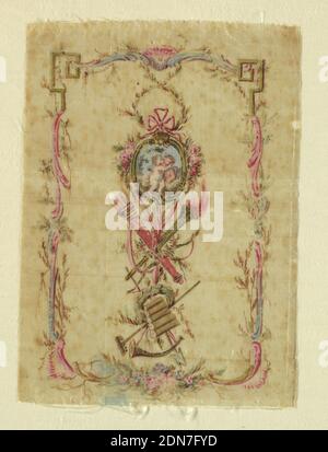 Fragment, Medium: silk; paint Technique: painted, Four painted panels for sides of pocketbooks. Cream white taffeta painted in light colors. A and B) Show center of frame with wreath above, basket of flowers, below. Border of swags and curves. C and D) show centre medallions with cupids, crossed quiver and torch below and emblems. Border of flowers and broken curves., France, late 18th century, printed, dyed & painted textiles, Fragment Stock Photo