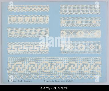 Échantillons ajourés fabriqués à la machine, milieu: Carton, lin, soie, métal technique: broderie de lin avec tissu mouliné dissoute exemples de broderie sur le filet produite par la machine Schiffli broderie métallique sur le filet ajourée à la machine en imitation de filet brodé à la main principalement floral et quelques motifs géométriques, Certains modèles décrits comme 'Spanish' imitation congé fait à la main congé machine imitation filet crochet Ploven (dentelle brûlée) Fancy rideau dentelle faite sur les leviers machines vrai congé (fait à la main) à côté de filet machine filets de rideau à pois, principalement à Nottingham, Angleterre Banque D'Images