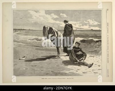 High Tide, Winslow Homer, cuisine américaine, 1836–1910, Fields and Osgood, Boston, gravure en bois à l'encre noire sur papier, vue de trois femmes en maillot de bain sur la plage, États-Unis, 6 août 1870, figures, imprimé Banque D'Images