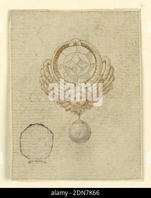 Design pour une broche, un stylo et de l'encre, un pinceau et une aquarelle sur papier, UN chérubin supporte une escutcheon ronde entourant un diamant. En attente est un diamant rond., Italie, 16ème siècle, bijoux, dessin Banque D'Images