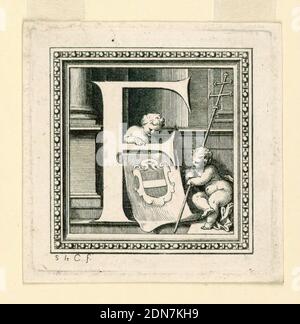 Lettre F, pour l'Histoire générale de la Maison d'Auvergne de Baluze, Sébastien Leclerc, français, 1637–1714, Etching sur papier, lettre F avec une blason, une fesse et deux putti, dont l'un porte une croix d'archevêque., France, 1707–08, éphémère, Imprimer Banque D'Images