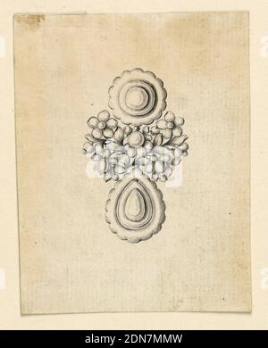 Design pour un Earring, Giovanni Sebastiano Meyandi, italien, active 1762 - 1794, stylo et encre noire, pinceau et aquarelle grise sur papier, bijoux design pour un contour d'oreille. Au-dessus d'un disque, au-dessous d'une goutte, relié par des branches avec des perles et des fleurs fleuries., peut-être Sienne, Italie, ca. 1790, bijoux, dessin Banque D'Images