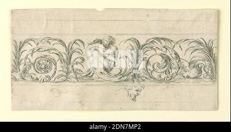 Assiette de Frise, Feuillages et Grotesques (frises, feuillages et Grotesques), Stefano della Bella, Italien, 1610–1664, Jacques Van Merle, Flamand, 1616 - 1682, Etching sur papier coulé, rectangle horizontal montrant une frise composée d'arabesques à défilement. Au centre, deux amoureux avec des corps se terminant dans acanthus feuilles embrasser. À gauche, un serpent; à droite, un cygne. Ci-dessous, le visage d'un homme en profil., Italie, ca. 1645, ornement, Imprimer Banque D'Images