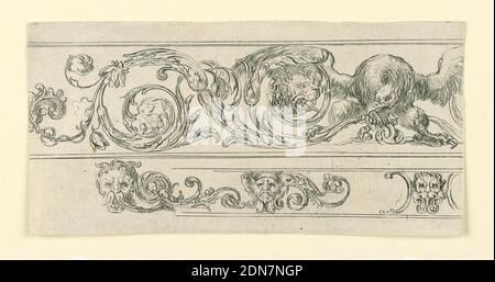 Assiette de Frise, Feuillages et Grotesques (frises, feuillages et Grotesques), Stefano della Bella, italien, 1610–1664, Jacques Van Merle, flamand, 1616 - 1682, Etching sur papier coulé, rectangle horizontal montrant deux frises composées d'arabesques et de masques défilés. Le registre supérieur montre un aigle avec la tête du lion; le registre inférieur montre trois masques., Italie, ca. 1645, ornement, Imprimer Banque D'Images